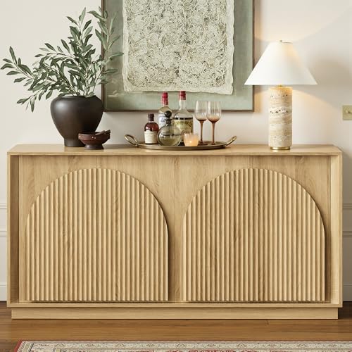 Fluted Sideboard Buffet Cabinet with Storage, 65" Modern Accent Cabinet with Double-Layered Arch Doors, Wood Boho Media TV Console Table Credenza for Living Dining Room Hallway Entryway, Oak