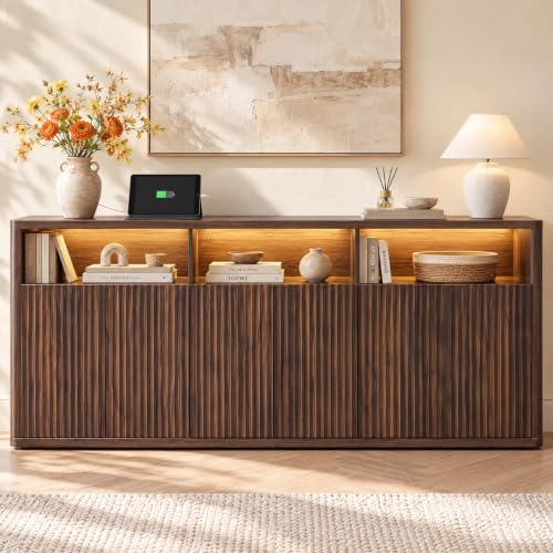 71" Fluted Sideboard Buffet Cabinet with Lights & Outlets, Walnut, view 2