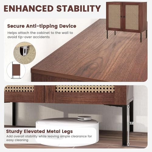 Buffet Cabinet, Rattan Sideboard Console Table Coffee Bar Accent Cabinet w/Adjustable Shelf, Walnut Credenza, Storage Cabinet for Entryway Kitchen Living Room Hallway (1, Walnut)