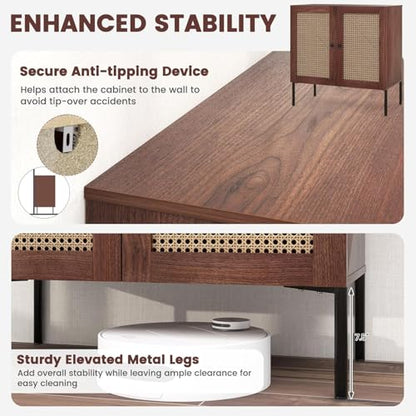 Buffet Cabinet, Rattan Sideboard Console Table Coffee Bar Accent Cabinet w/Adjustable Shelf, Walnut Credenza, Storage Cabinet for Entryway Kitchen Living Room Hallway (1, Walnut)