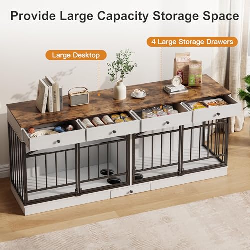 78.7" Dog Crate Furniture for 2 Dogs with 4 Drawers, White, view 5