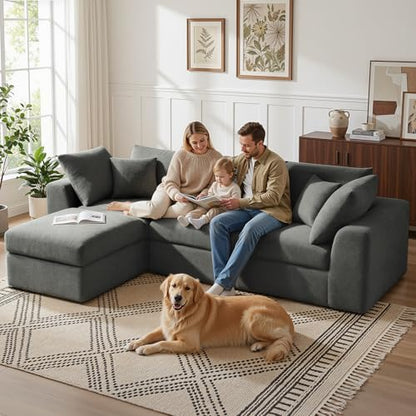 110" Cloud Sectional Couches for Living Room, L-Shaped Convertible Sofa, 3-Seat Modular Boneless Couch with Movable Ottoman, Dark Grey