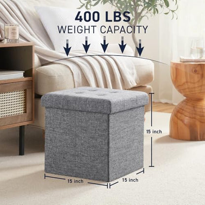 Folding Storage Ottoman, 15 Inch Storage Cube with Lid, Foot Rest Stool for Bedroom, Living Room, Entryway, Tufted Linen Upholstered - Gray