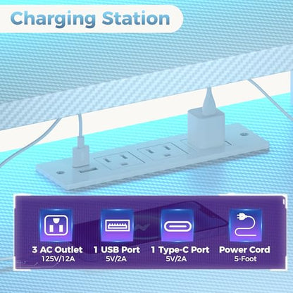 L Shaped Gaming Desk with Shelves Storage Drawers 59'', White Computer Desks with LED Lights Power Outlets, Office Wood Table with PC Stand Cable Management for Bedroom Dual Monitor Streaming