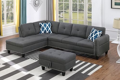 Sectional Sofa Couch, Modern 4-Seaters Living Room Furniture Sets with Chaise Lounge, Ottoman & 2 Pillows | L Shape Couch | Cup Holder | Linen Fabric, Dark Gray