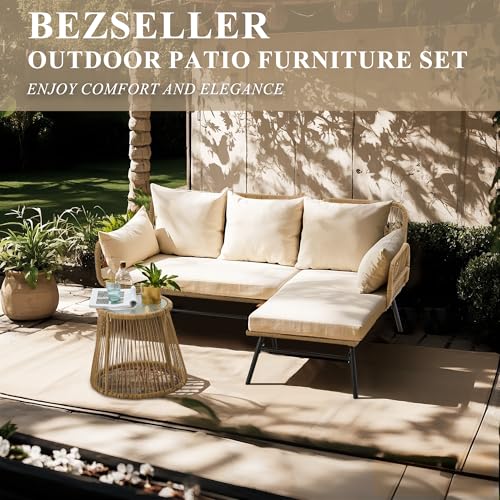 3-Piece Outdoor Patio Furniture Set, L-Shaped Rattan Sectional Sofa with Thick Cushions, Glass Coffee Table – All-Weather Conversation Set for Backyard, Porch, Poolside