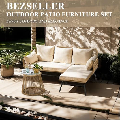 3-Piece Outdoor Patio Furniture Set, L-Shaped Rattan Sectional Sofa with Thick Cushions, Glass Coffee Table – All-Weather Conversation Set for Backyard, Porch, Poolside