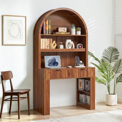 Arched Office Desk with Hutch, Walnut, Desktop 39.4" Wx 19.7" D, view 2