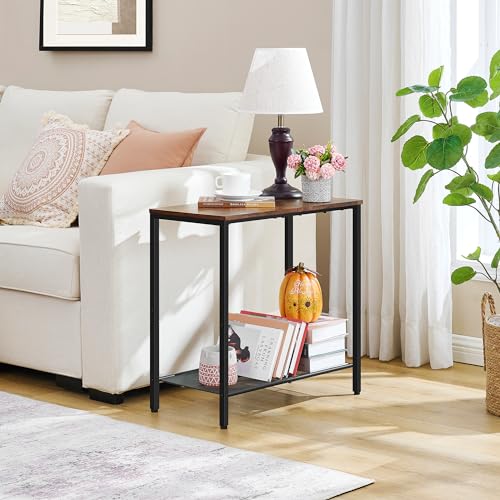 2 Tier End Table, Sofa Side Table, Narrow Side Table with Storage, Slim Nightstand for Small Spaces, Metal Frame, for Living Room, Bedroom, Sofa Couch, Hall, Rustic Brown