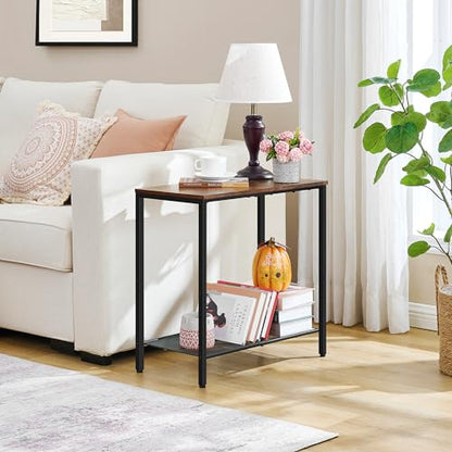 2 Tier End Table, Sofa Side Table, Narrow Side Table with Storage, Slim Nightstand for Small Spaces, Metal Frame, for Living Room, Bedroom, Sofa Couch, Hall, Rustic Brown