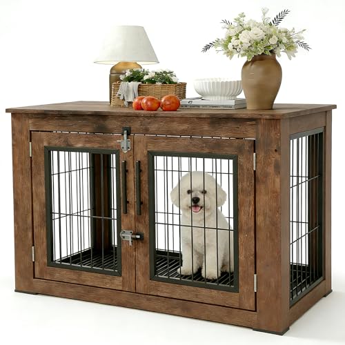 31.5" Farmhouse Dog Crate Furniture, Wooden Dog Kennel with 2 Doors, view 2