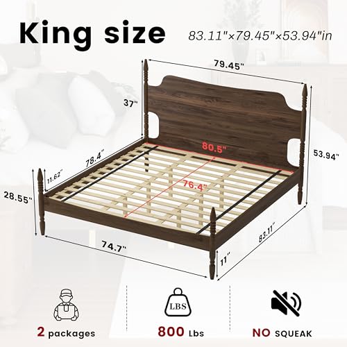 King Size Wood Platform Bed Frame with Tall Curved Headboard, view 3