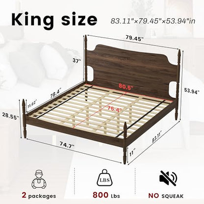 King Size Wood Platform Bed Frame with Tall Curved Headboard, view 3