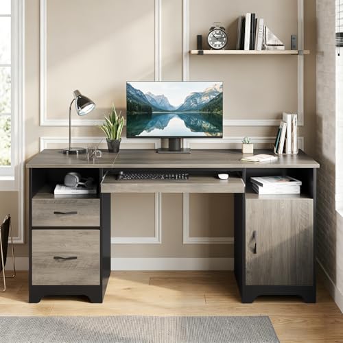 59" Executive Desk, File Drawer, Keyboard Tray & 2 Drawers, Gray, view 3