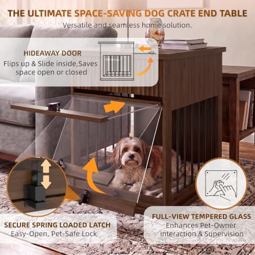 Wooden Dog Crate Furniture End Table with Drawer for Small Dogs (Brown), view 7
