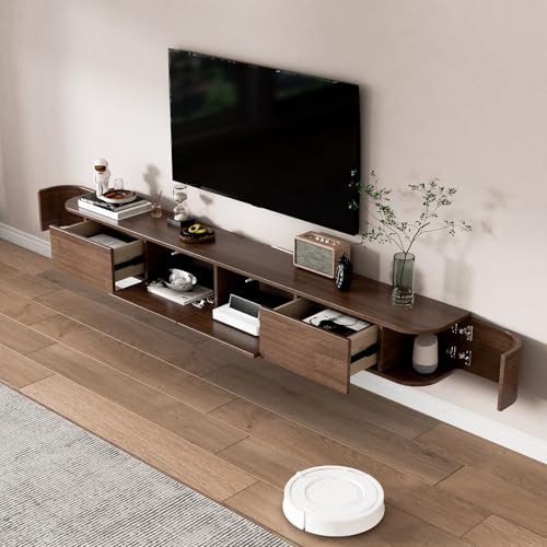 Solid Wood Floating TV Stand, Wall Mounted Media Console with 2 Side Doors, view 3