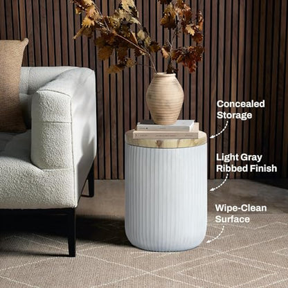 LuxenHome 18" Outdoor Side Table with Storage, Cement Patio End Table with Wood Finish Lid, Accent Table for Patio, Porch, Poolside, Backyard, Outside, Indoor, Garden Stool, Drum, Plant Stand