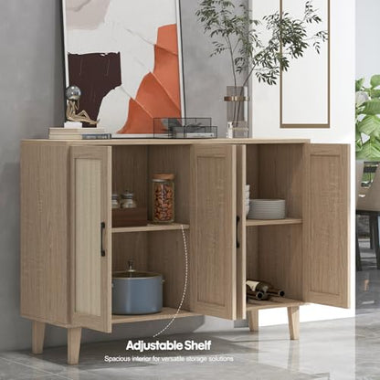 Buffet Storage Cabinet with Rattan Decorating 4 Doors Living Room Kitchen Sideboard 48.43 x 34.65 x 15 inch (Natural Wood)