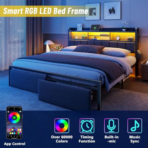 King Size Bed Frame with Headboard, Drawers, Charging Station, LED, view 4