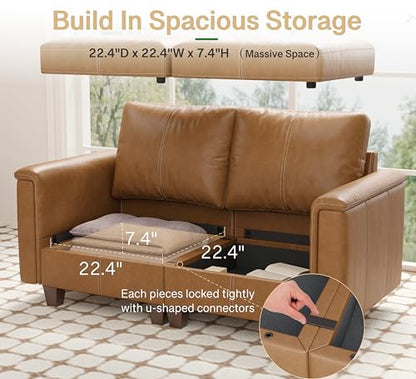 Faux Leather Modular Sectional Sofa with Storage, Mid Century Modern Sectional Couches for Living Room, 91" Wide 3 Seater L-Shaped Couch with Ottoman, Brown