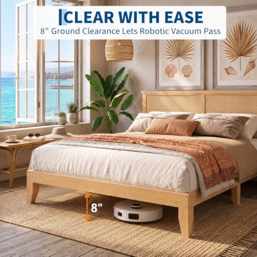 Queen Size Wood Bed Frame with LED Light and Rattan Headboard, view 5