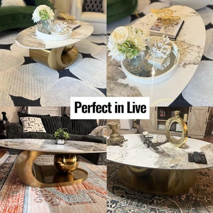 51.2'' Modern Coffee Tables for Living Room,Marble Oval Center Table with Luxury Metal Gold Base,Heat & Scratch Resistant,Easy Installation,Accent Furniture for Any Home Decor