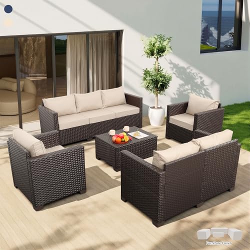 5-Piece Outdoor Furniture Set Patio Furniture Set Outdoor Couch Coffee Table with Storage Non-Slip Cushions and Waterproof Covers, Khaki