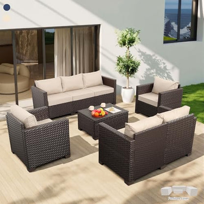 5-Piece Outdoor Furniture Set Patio Furniture Set Outdoor Couch Coffee Table with Storage Non-Slip Cushions and Waterproof Covers, Khaki