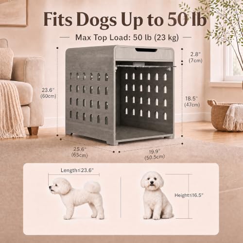 Modern Dog Crate Furniture Wooden Kennel Charging Station End Table Grey, view 3