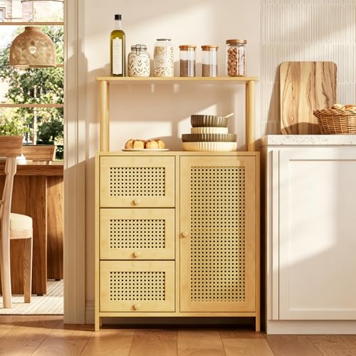 Sideboard Buffet Cabinet with Storage, Bamboo Storage Cabinets, Rattan Sideboard with Adjustable Shelf, Pantry Cupboard for Kitchen Living Room Entry Coffee Bar, Natural Color