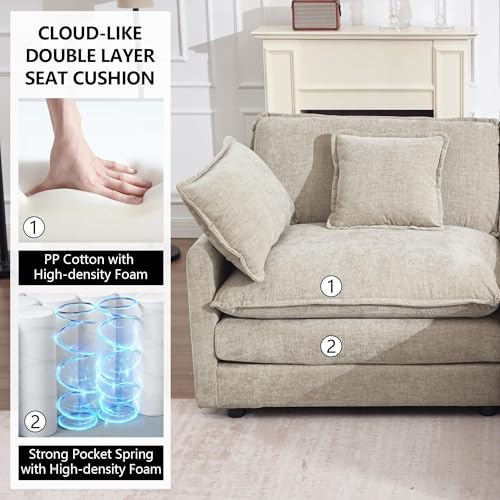 76.7" W Modular Cloud Sectional Sofa Couch for Small Spaces, Deep Seat Loveseat with Ottoman Chaise, Comfy Chenille 2 Seat L Shaped Couch for Living Room Apartment Dorm, Camel