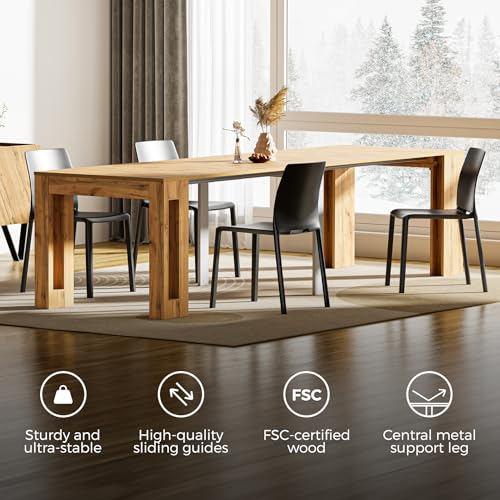 Easy, Extendable Console Table with Extension Leaves Holder, 17.7(120.1) x35.4 in, Rustic Oak, for 4-12 People, Space Saving Dining Table for Entrance, Living Room, Italian Furniture
