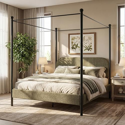Queen Size Upholstered Canopy Bed Frame with Boucle Fabric, view 5