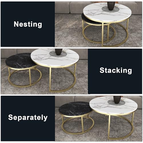 Nesting Coffee Table Set of 2, 31.5" Round Coffee Table Wooden Marble Pattern Accent Furniture, Industrial End Table for Living Room Bedroom Balcony (WhiteBlack/Gold)