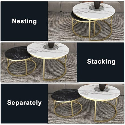 Nesting Coffee Table Set of 2, 31.5" Round Coffee Table Wooden Marble Pattern Accent Furniture, Industrial End Table for Living Room Bedroom Balcony (WhiteBlack/Gold)