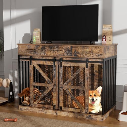 Spacesea Large Dog Crate Furniture with Sliding Barn Door, view 4