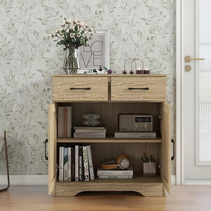 Sideboard 2 Drawers 2 Doors Entryway Storage Cabinet Living Room Organizer Farmhouse Style Wooden Kitchen Cupboard (Nature)