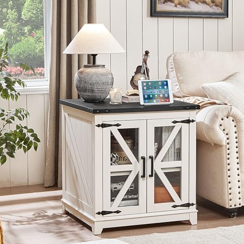 Farmhouse End Table Set of 2,24" Large Sofa Side Table with Charging Station Glass Barn Door,Wood Nightstand with Adjustable Storage Shelf,Square Bedside Table for Living Room,Bedroom,Office-White