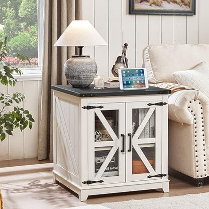 Farmhouse End Table Set of 2,24" Large Sofa Side Table with Charging Station Glass Barn Door,Wood Nightstand with Adjustable Storage Shelf,Square Bedside Table for Living Room,Bedroom,Office-White
