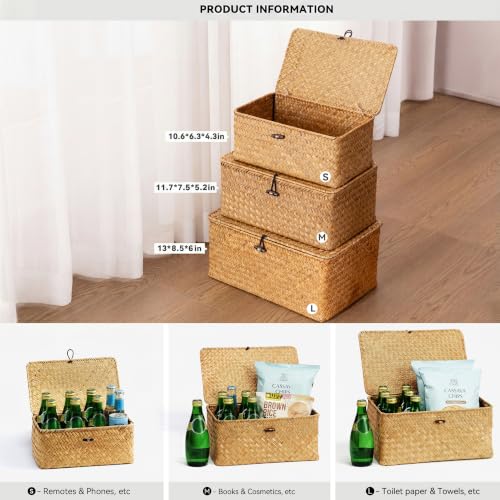 Wicker Storage Basket with Lid,Seagrass Shelf Basket Set of 3,Natural, view 4