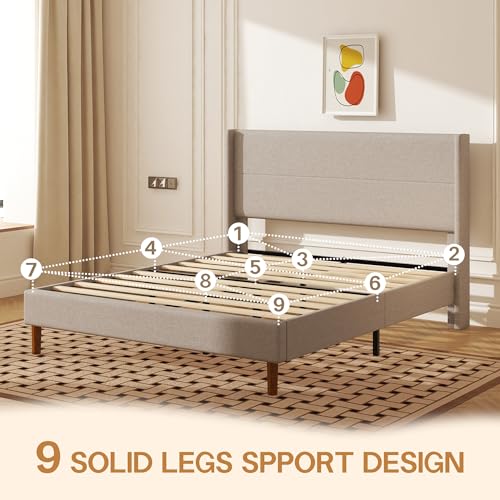 Queen Size Linen Platform Bed Frame with Wingback Upholstered Headboard, view 5