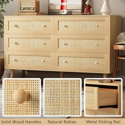 Rattan Dresser for Bedroom, Modern 6 Drawer Dressers & Chest of Drawers, Natural Boho Dresser with Handles Wood Storage Organizer Modern Dressers for Closet, Hallway, Office