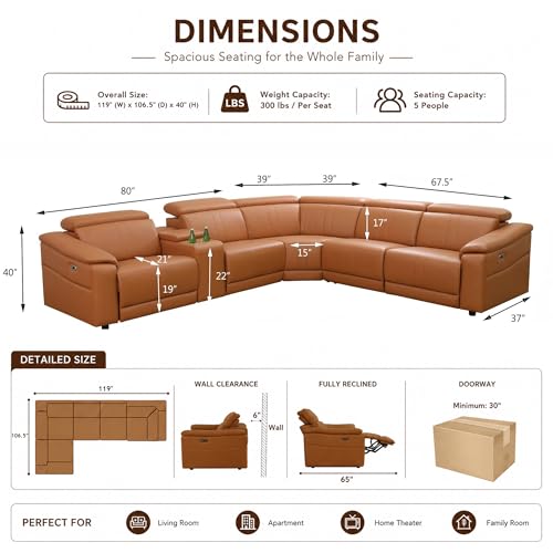 5 Seat Power Reclining Sectional Sofa, L-Shaped Air Leather Couch with Recliners, USB Charging Ports, Storage Console, Cup Holders, Light Brown Modular Living Room Sofa Set