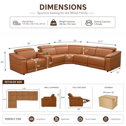 5 Seat Power Reclining Sectional Sofa, L-Shaped Air Leather Couch with Recliners, USB Charging Ports, Storage Console, Cup Holders, Light Brown Modular Living Room Sofa Set