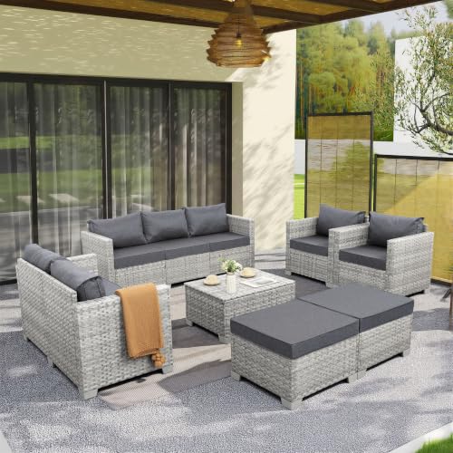 Patio Furniture Set 7 Piece Grey Wicker Outdoor Conversation Sets PE Rattan Sectional Sofa with Storage Coffee Table and Anti-Slip Grey Cushion