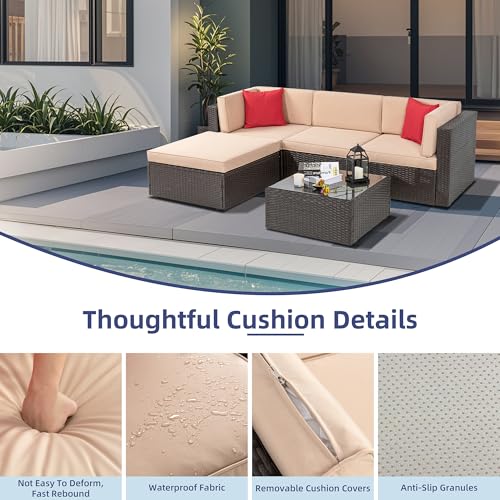 5 Piece Patio Furniture Sets, Outdoor Patio Set Sectional Sofa, All-Weather PE Rattan Outdoor Couch with Ottoman, Glass Table for Garden, Backyard, Porch, Beige