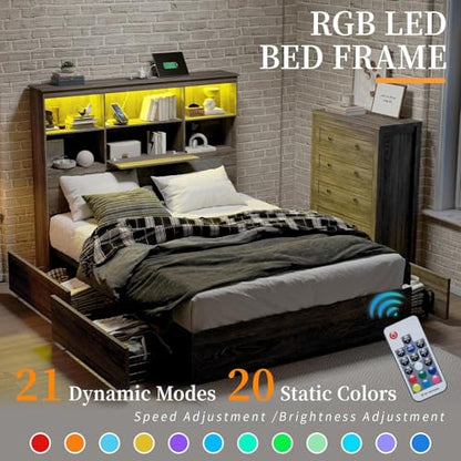 5-Piece Farmhouse Bedroom Set, 1 X Queen Size Bed Frame, 1 X 5 Drawer Dresser, 1 X Wood Rustic 6 Drawer Storage Dresser, Nightstand Set of 2 with Charging Station, Bedroom Furniture Set, Grey