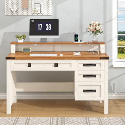 Farmhouse Executive Desk with Drawers, 47" Computer Desk with Power Outlets, Home Office Desk with Monitor Stand & 4 Drawers, Small Desk Writing Study Table, Antique White