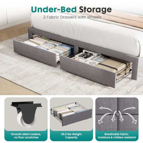 King Bed Frame, Upholstered Platform Bed Frame with Storage Drawers, view 6