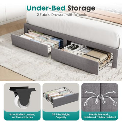 King Bed Frame, Upholstered Platform Bed Frame with Storage Drawers, view 6
